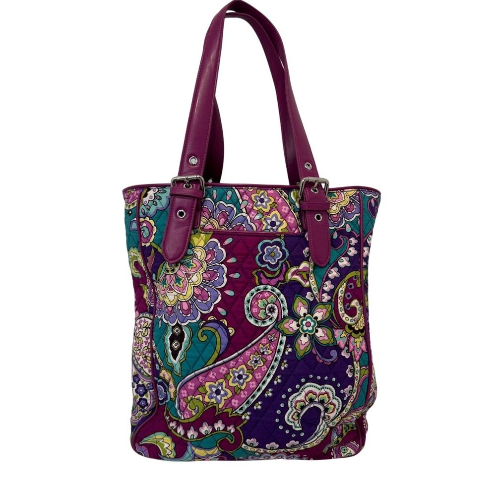 Vera Bradley Paisley Quilted Shoulder Tote Bag With Purple Handles & Floral Patt
